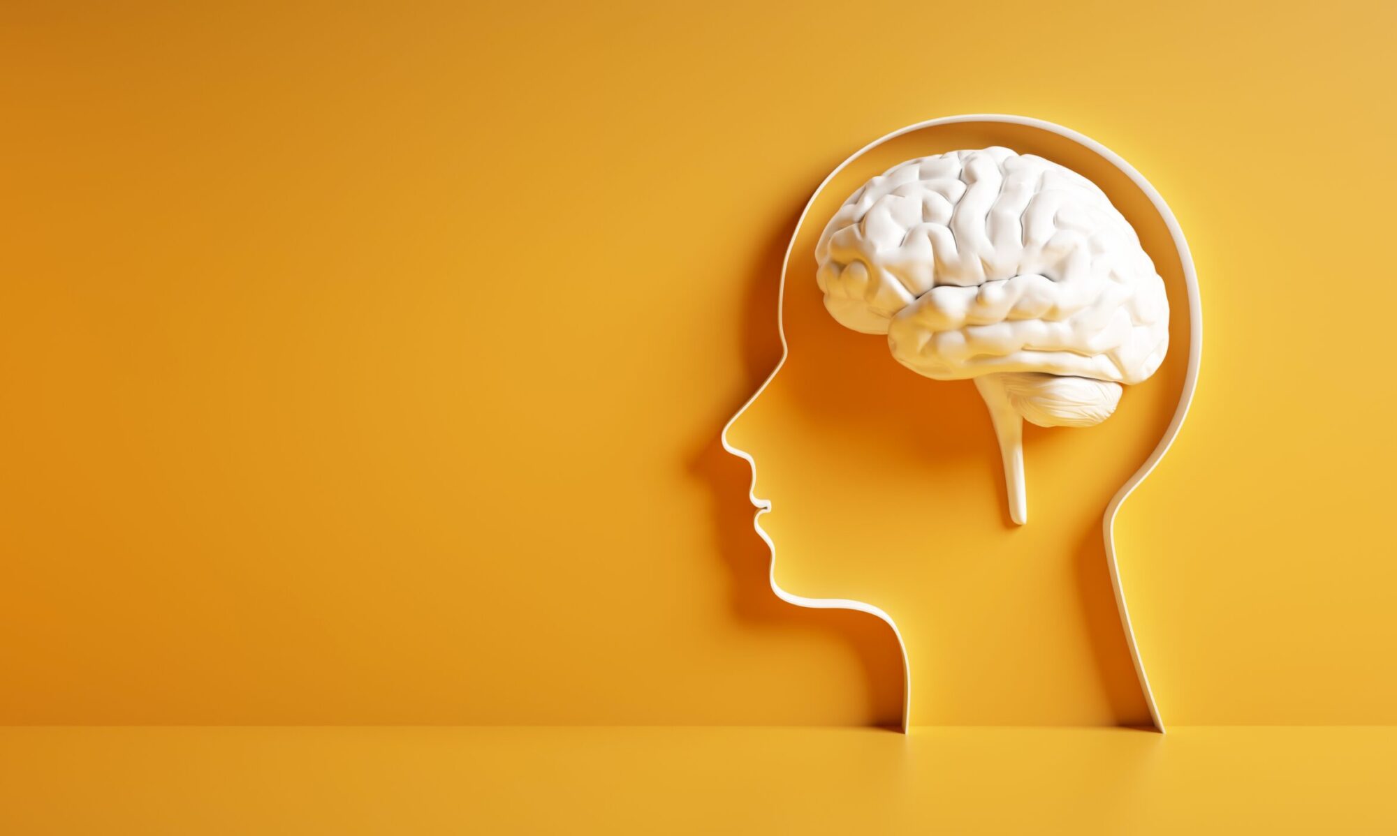Profile silhouette of a head with a white brain illustration on a yellow background, conveying neuroscience or brain health